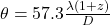  \theta = 57.3 \frac{ \lambda (1 + z)}{D}